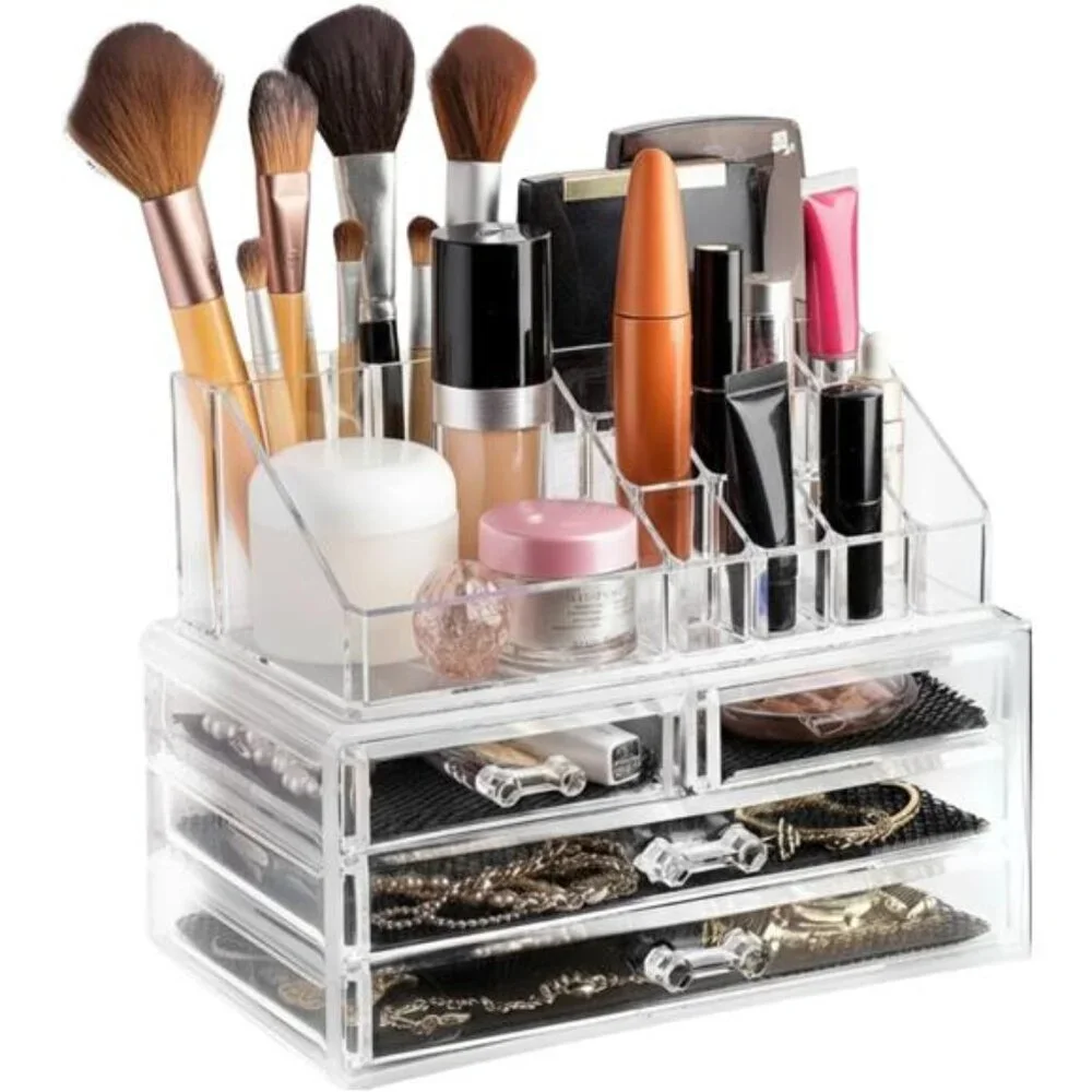Clear Makeup Organizer -16-Compartment Cosmetic and Jewelry Holder with 4 Drawer